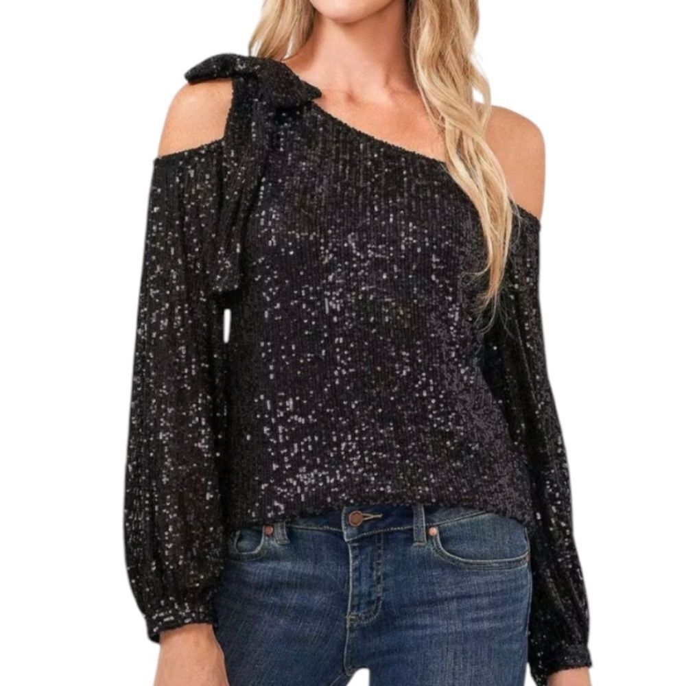 CeCe Black Sequin Off-Shoulder Top